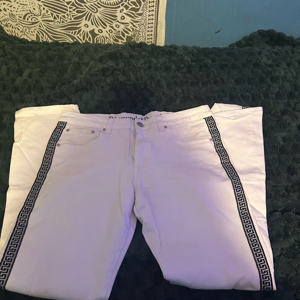 White Jeans with Black Greek Key Trim